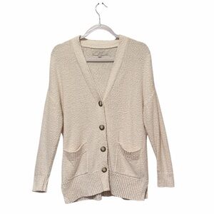 LOFT Button Front Cardigan Long Sleeve Sweater Knit Pockets White Medium